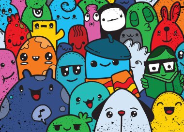 Hipster elle çizilmiş deli canavar grup, çizim stili doodle. Vect