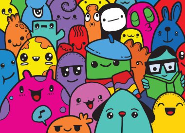 Hipster elle çizilmiş deli canavar grup, çizim stili doodle. Vect