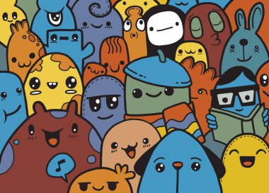 Hipster elle çizilmiş deli canavar grup, çizim stili doodle. Vect
