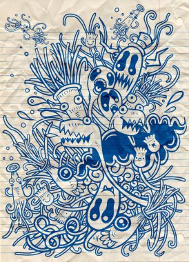 Hipster elle çizilmiş deli canavar şehir, çizim stili doodle. Vecto