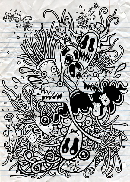 Hipster Hand menggambar Crazy doodle Monster City, menggambar style.Vecto - Stok Vektor