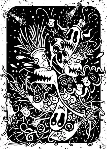 Hipster Hand menggambar Crazy doodle Monster City, menggambar style.Vecto - Stok Vektor