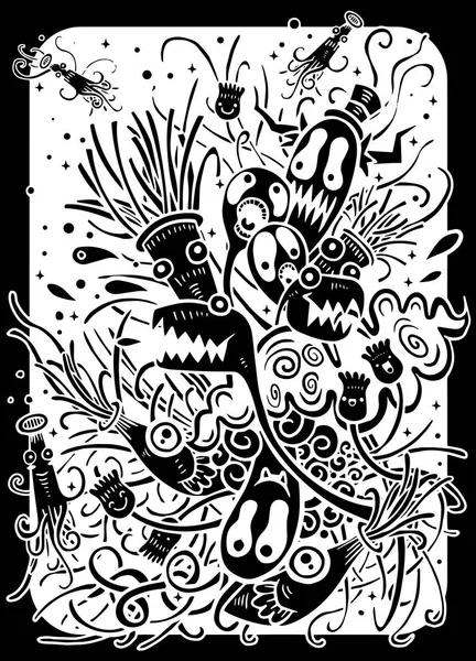 Hipster Hand menggambar Crazy doodle Monster City, menggambar style.Vecto - Stok Vektor