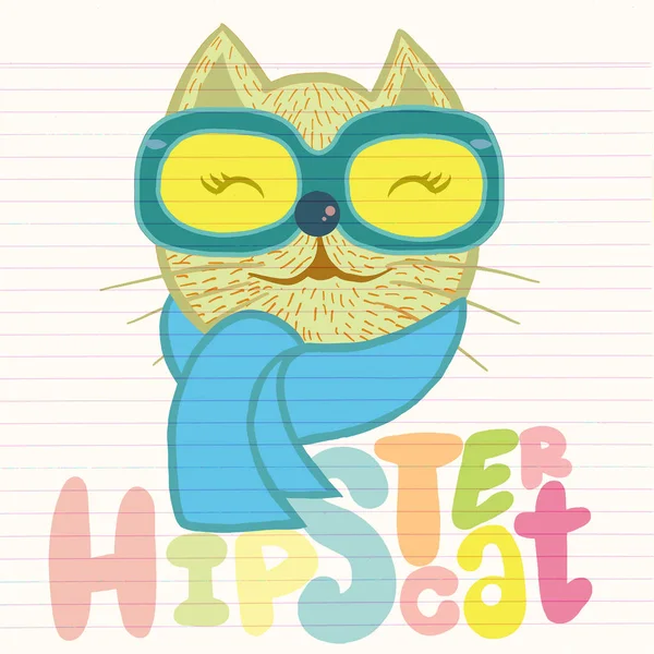 Portret kota hipster, ręcznie rysowane zwierzę ilustracja, Hipster — Wektor stockowy