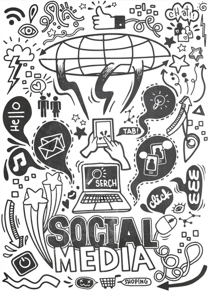 Objets et symboles sur l'élément Médias sociaux. Illustrtra vectoriel — Image vectorielle