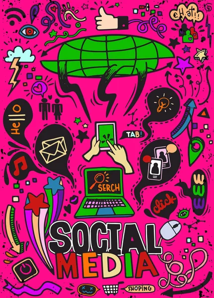 Objets et symboles sur l'élément Médias sociaux. Illustrtra vectoriel — Image vectorielle