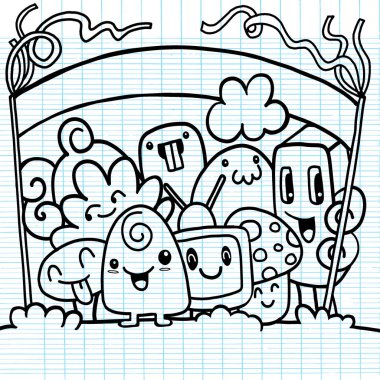 Hipster elle çizilmiş deli canavar grup, çizim stili doodle. Vect