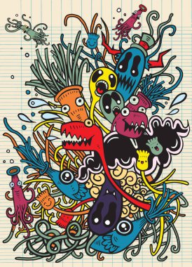 Hipster elle çizilmiş deli canavar şehir, çizim stili doodle. Vecto