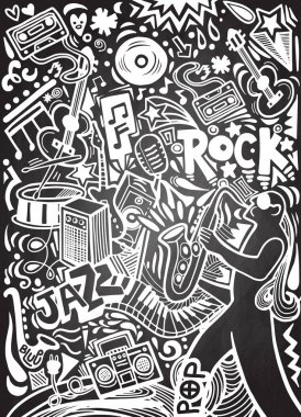 elle çizilmiş müzikal poster şablonu doodles. Soyut müzik Backgr