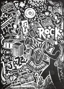 elle çizilmiş müzikal poster şablonu doodles. Soyut müzik Backgr