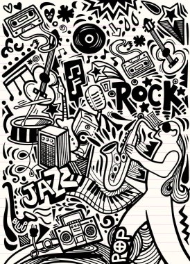 elle çizilmiş müzikal poster şablonu doodles. Soyut müzik Backgr