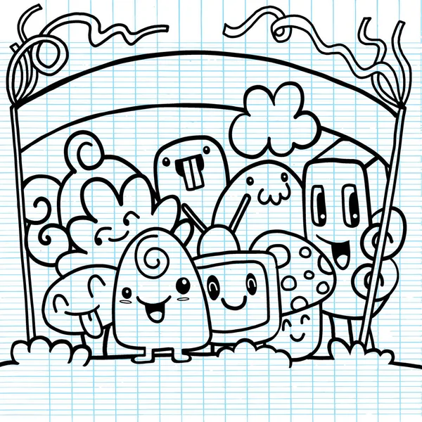 Hipster mão desenhada louco doodle monstro grupo, desenho style.Vect — Vetor de Stock