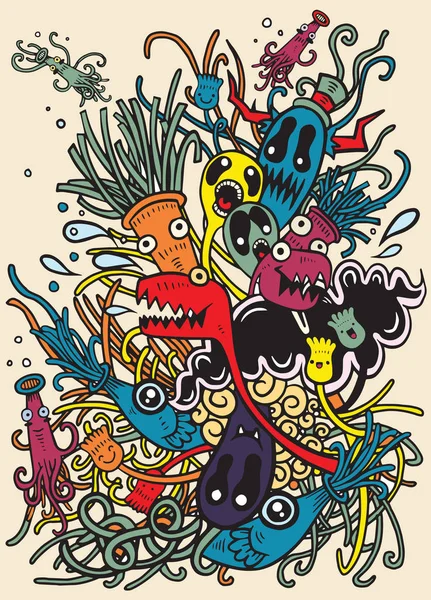 Hipster disegnato a mano Pazzo doodle Monster City, disegno style.Vecto — Vettoriale Stock