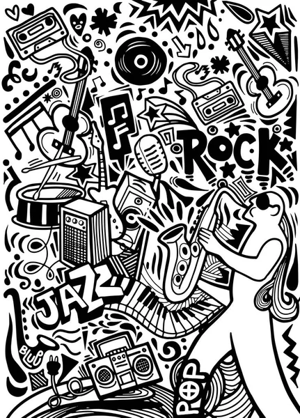 Kézzel rajzolt doodles sablon zenei poszter. Absztrakt zene a háttérben — Stock Vector