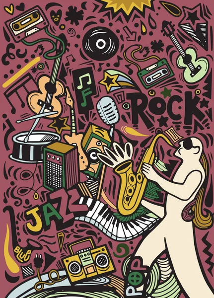 Mão desenhado doodles musical poster template.Abstract Música Backgr — Vetor de Stock