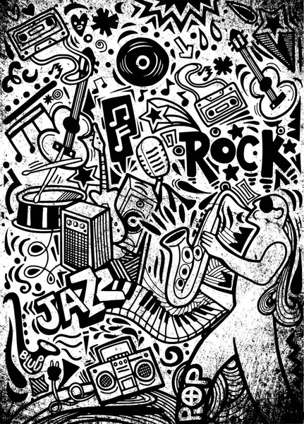 Kézzel rajzolt doodles sablon zenei poszter. Absztrakt zene a háttérben — Stock Vector