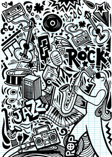 Hand getrokken doodles muzikale poster sjabloon. Abstracte muziek Backgr — Stockvector