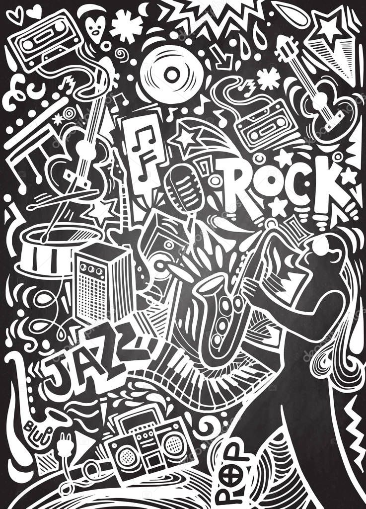 hand drawn doodles musical poster template.Abstract Music Backgr