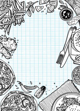 Fast food arka plan. Doğrusal grafik. Aperatif koleksiyonu. Önemsiz foo