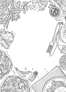 Fast food arka plan. Doğrusal grafik. Aperatif koleksiyonu. Önemsiz foo