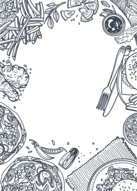 Fast food arka plan. Doğrusal grafik. Aperatif koleksiyonu. Önemsiz foo