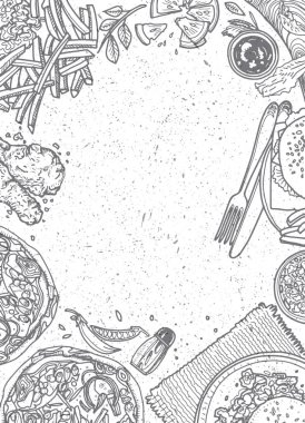 Fast food arka plan. Doğrusal grafik. Aperatif koleksiyonu. Önemsiz foo