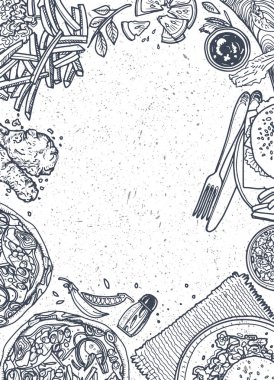 Fast food arka plan. Doğrusal grafik. Aperatif koleksiyonu. Önemsiz foo