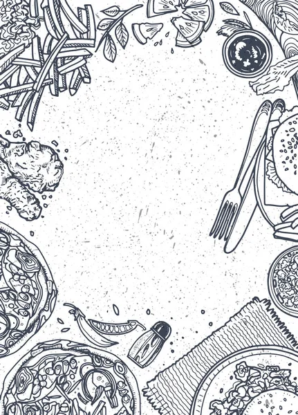 Fast food arka plan. Doğrusal grafik. Aperatif koleksiyonu. Önemsiz foo