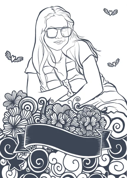 Portrét mladé krásné dívky s Flower Doodle, překřížené h — Stockový vektor