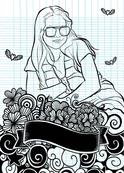 花の落書き、交差 h を持つ美しい少女の肖像画 — ストックベクタ