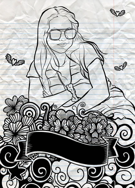 Genç güzel kız Doodle çiçek, çapraz h ile portresi — Stok Vektör