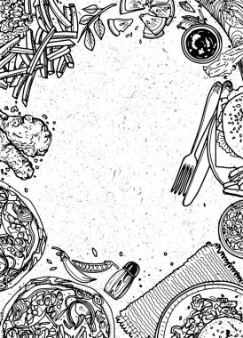 Fast food arka plan. Doğrusal grafik. Aperatif koleksiyonu. Önemsiz foo