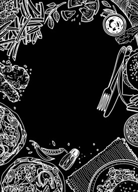 Fast food arka plan. Doğrusal grafik. Aperatif koleksiyonu. Önemsiz foo