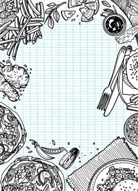 Fast food arka plan. Doğrusal grafik. Aperatif koleksiyonu. Önemsiz foo