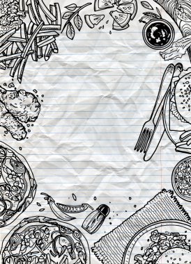 Fast food arka plan. Doğrusal grafik. Aperatif koleksiyonu. Önemsiz foo