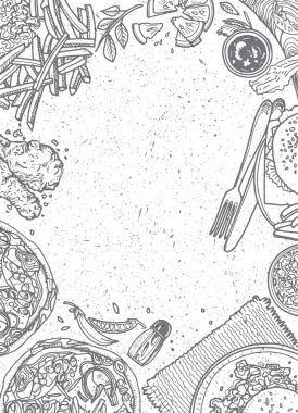 Fast food arka plan. Doğrusal grafik. Aperatif koleksiyonu. Önemsiz foo