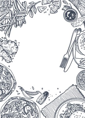 Fast food arka plan. Doğrusal grafik. Aperatif koleksiyonu. Önemsiz foo