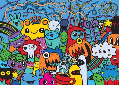 Hipster elle çizilmiş deli canavar grup, çizim stili doodle. Vect