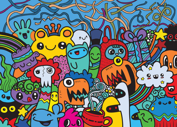 Hipster Hand drawn Crazy doodle Monster group, drawing style.Vect
