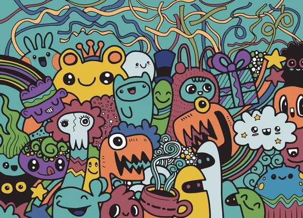 Csípő kézzel rajzolt őrült doodle Monster csoport, rajz stílust. Vect — Stock Vector
