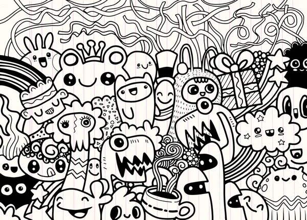 Hipster mão desenhada louco doodle monstro grupo, desenho style.Vect — Vetor de Stock