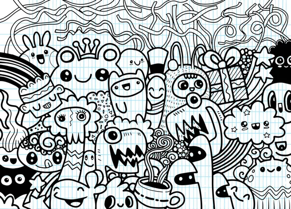 Hipster Hand drawn Crazy doodle Monster group,drawing style.Vect — Stock Vector