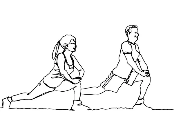 Disegno linea continua di uomo e donna felice stretching — Vettoriale Stock