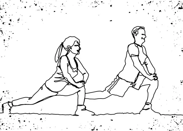 Dibujo de línea continua de hombre y mujer feliz estiramiento — Vector de stock