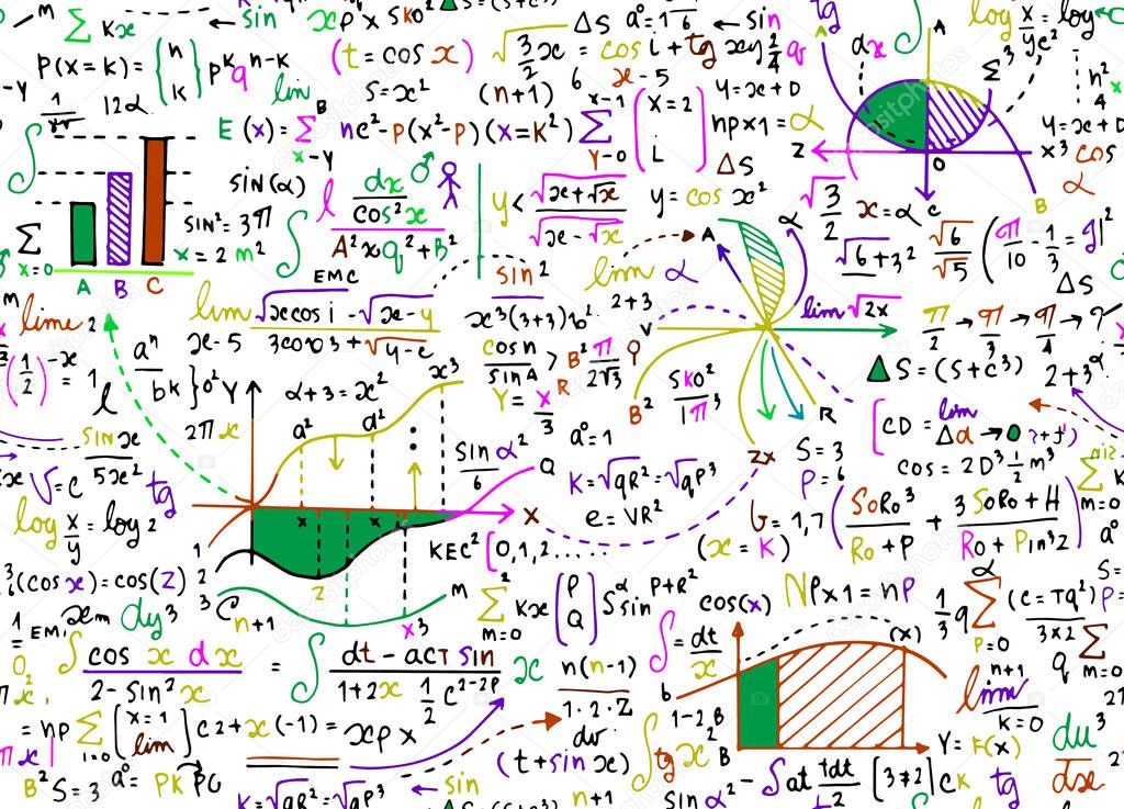 Math education vector pattern with handwritten formulas, tasks, 