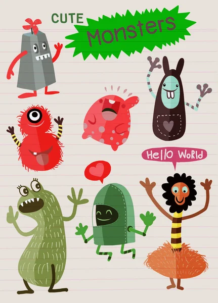 Cute Cartoon Monsters,Vector cute monsters set collection isolat — Stock Vector