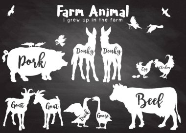 Vektör çiftlik hayvanları siluetleri izole, çiftlik hayvanları ile metin