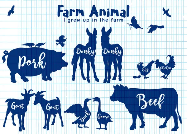 Vector Farm Animals Silhouettes Isolados, Animais de fazenda com texto — Vetor de Stock