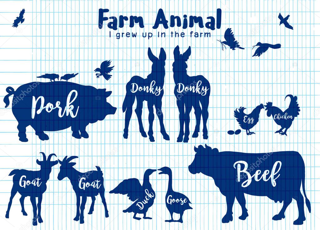 Vector Farm Animals Silhouettes Isolated ,Farm animals with text. Retro styled farm animals silhouettes collection ,Vector illustration
