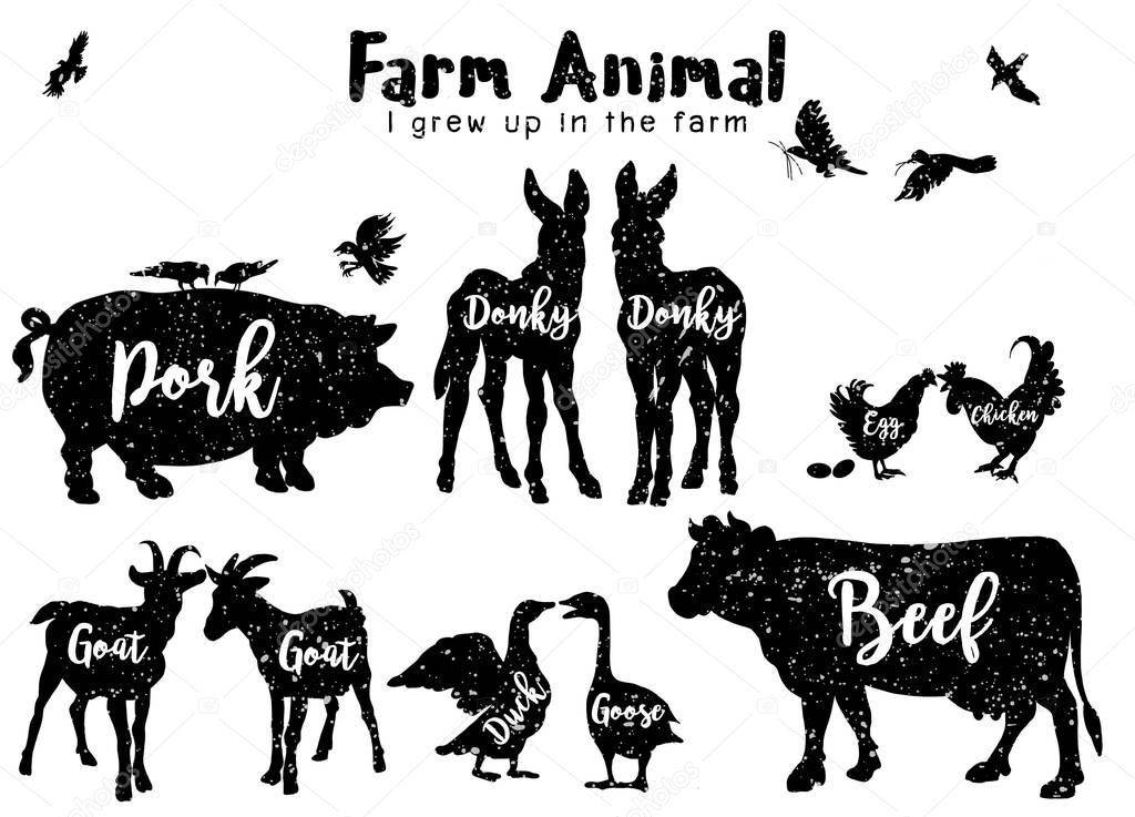 Vector Farm Animals Silhouettes Isolated ,Farm animals with text. Retro styled farm animals silhouettes collection ,Vector illustration